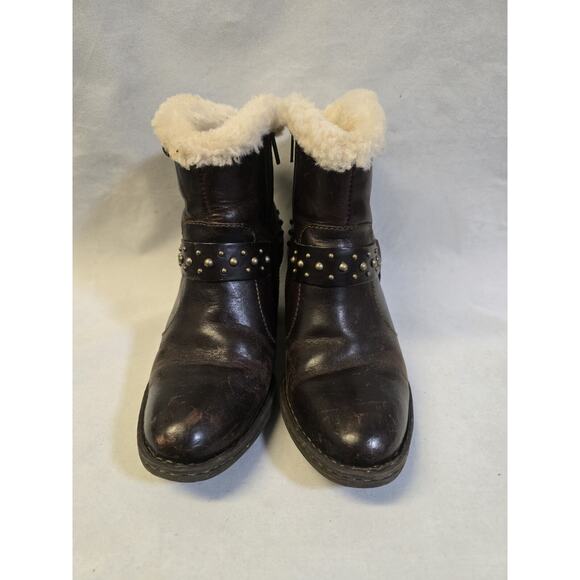 Born Ankle Harness Boots Womens Sz 6 Brown Sheep Shearling Lined Leather Studded - Picture 2 of 8